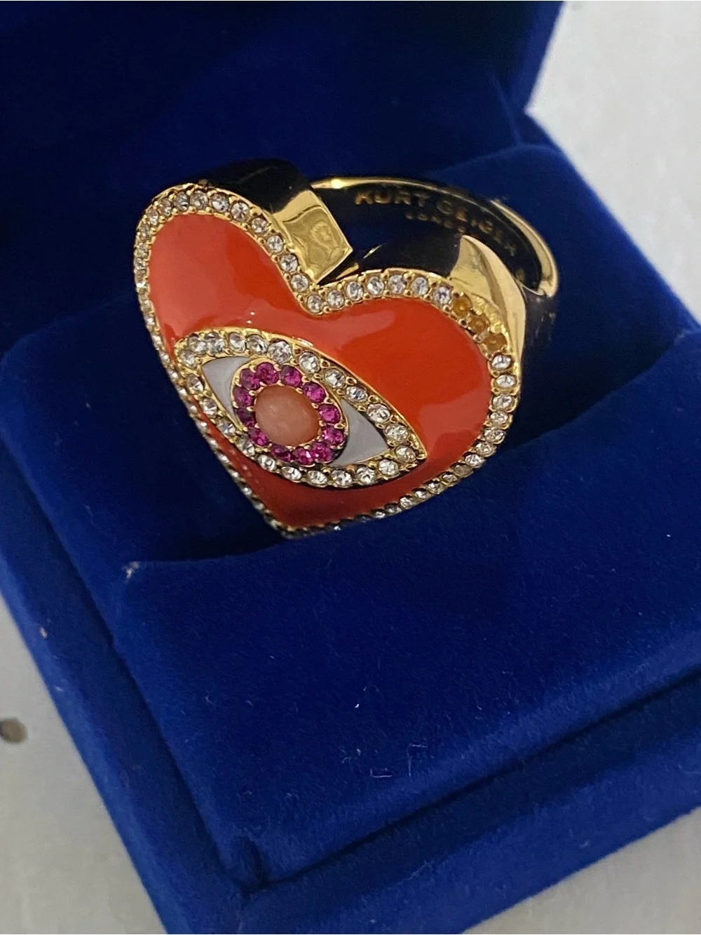Kurt Geiger Evil Eye Heart Cocktail Ring Gold Tone Orange Enamel Size 7